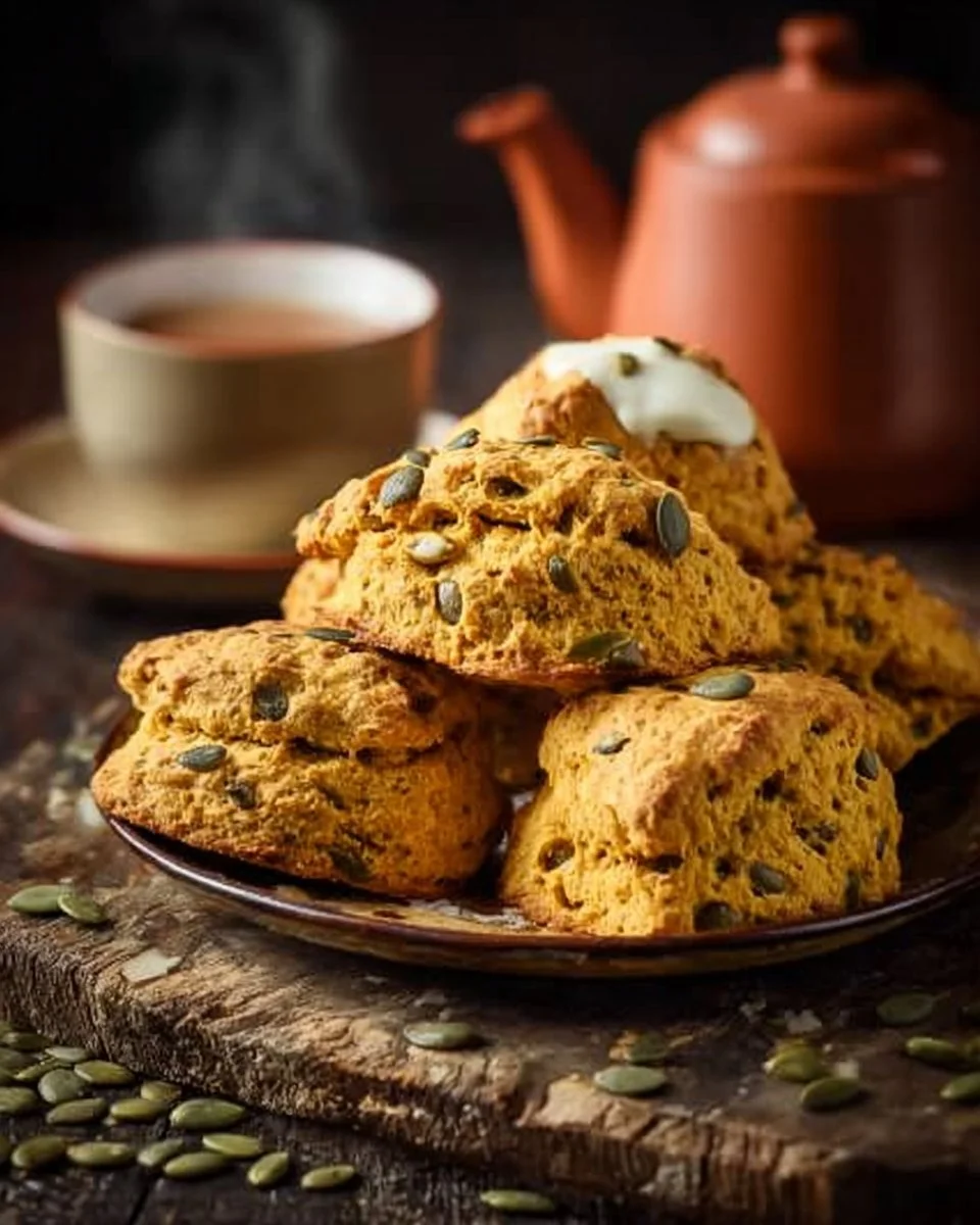 Delicious pumpkin cardamom scones freshly baked and served on a plate.