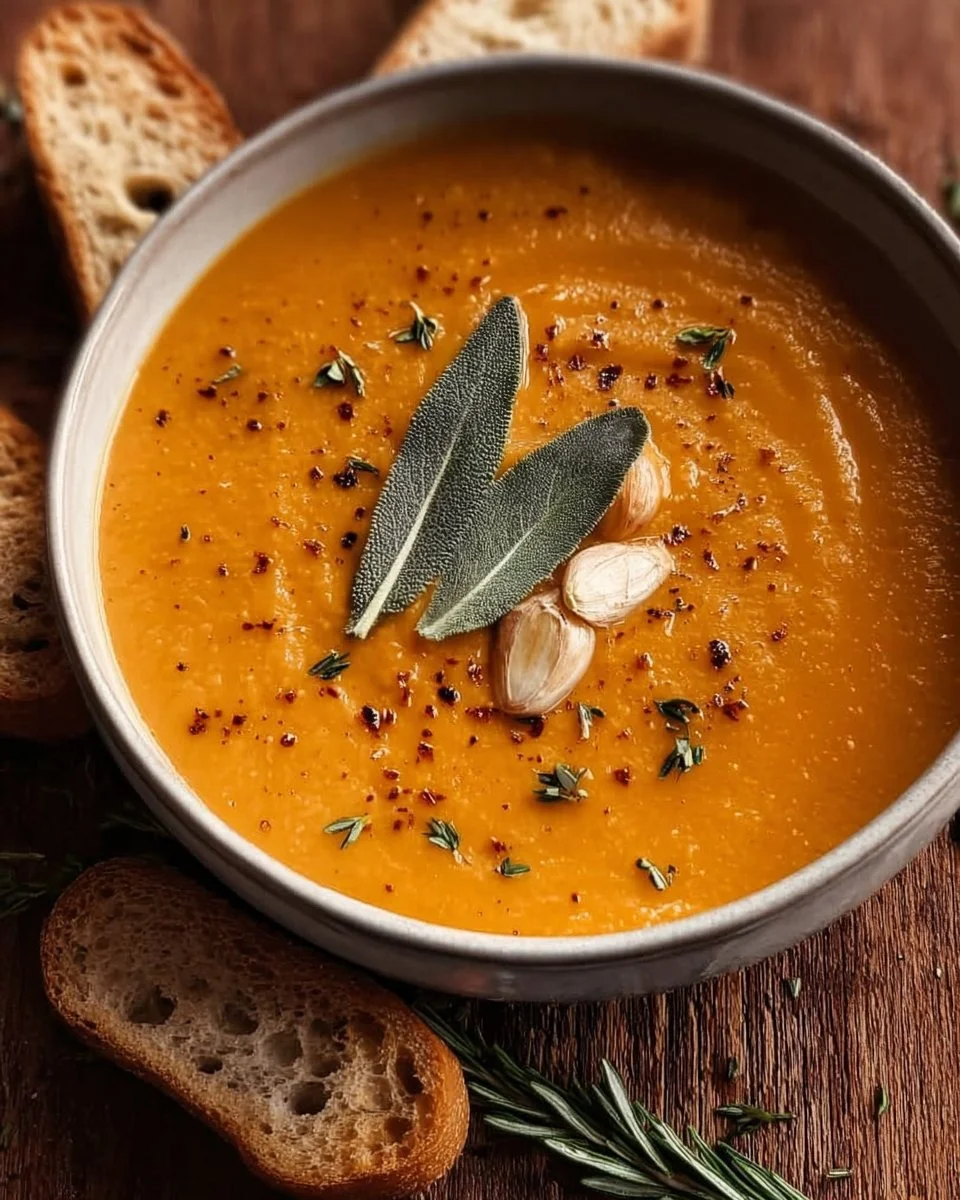 Bowl of pumpkin soup garnished with roasted garlic and herbs