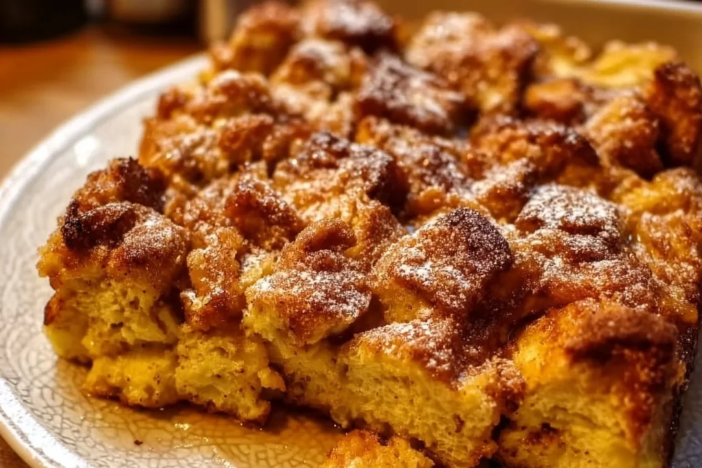 Pumpkin Spice French Toast Casserole served on a plate with syrup and spices
