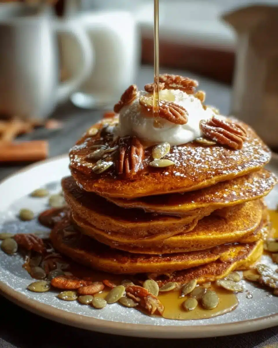 Delicious pumpkin spice pancakes topped with whipped cream and maple syrup