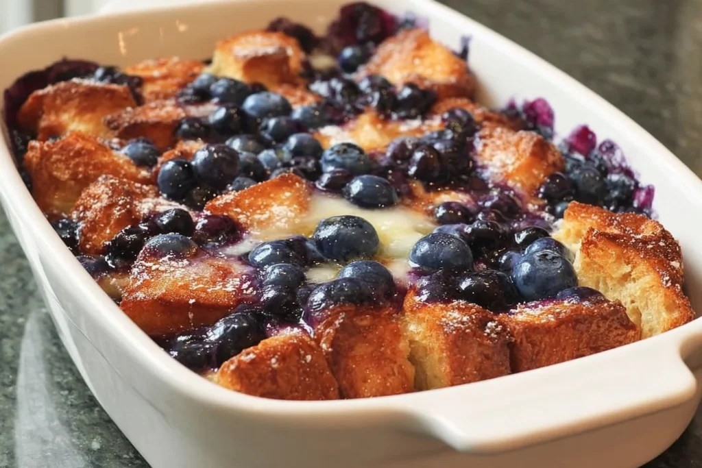 Delicious blueberry French toast casserole fresh out of the oven.