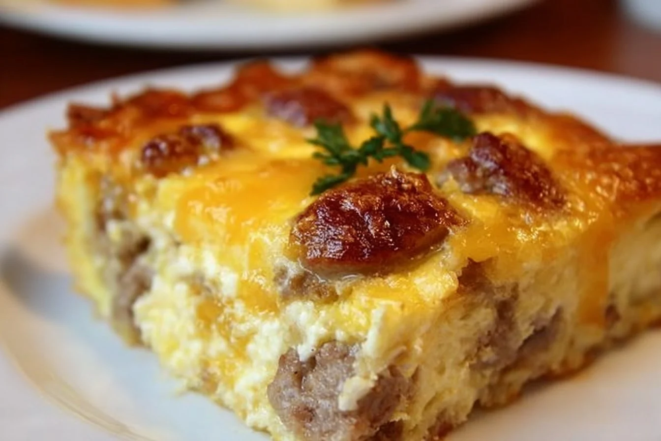 Delicious quick overnight sausage and egg casserole served in a baking dish