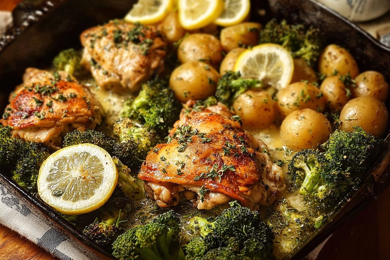Lemon Garlic Chicken Thighs with Broccoli and Potatoes