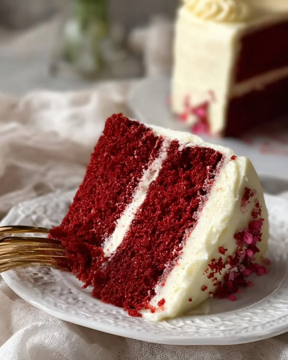 Delicious slice of red velvet cake with cream cheese frosting on a white plate