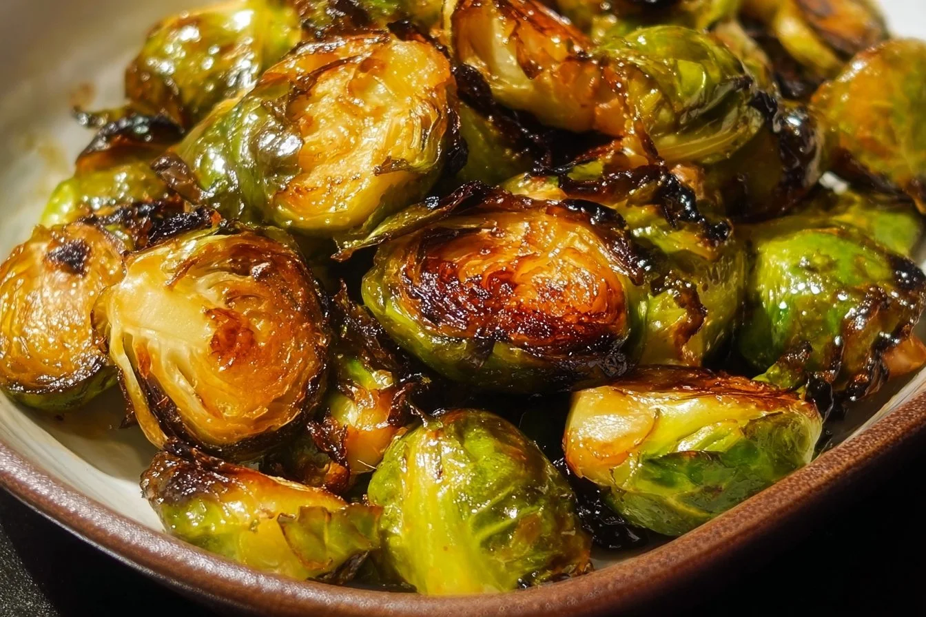 A serving of perfectly roasted Brussels sprouts garnished with herbs.