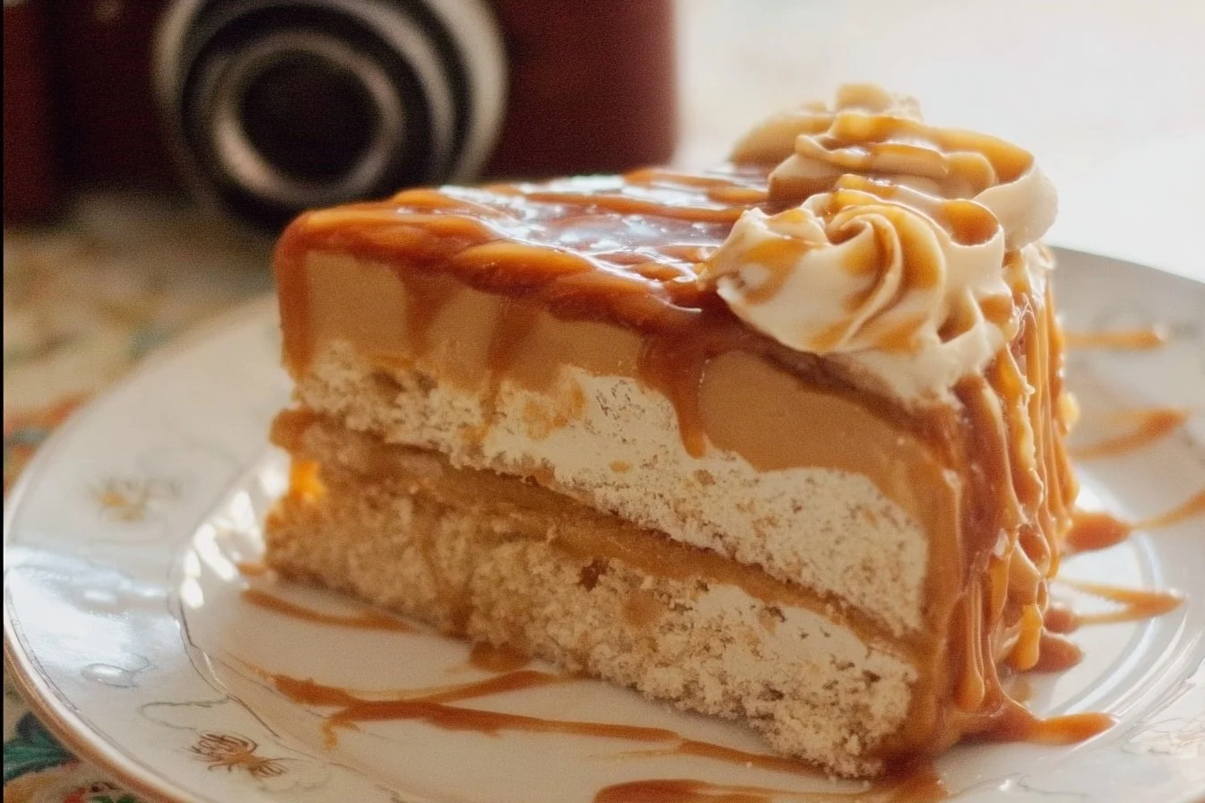 Delicious slice of salted caramel cake topped with caramel sauce