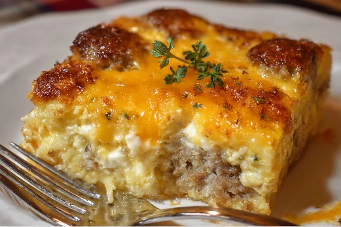 Sausage, Egg, and Cream Cheese Hashbrown Casserole in a baking dish