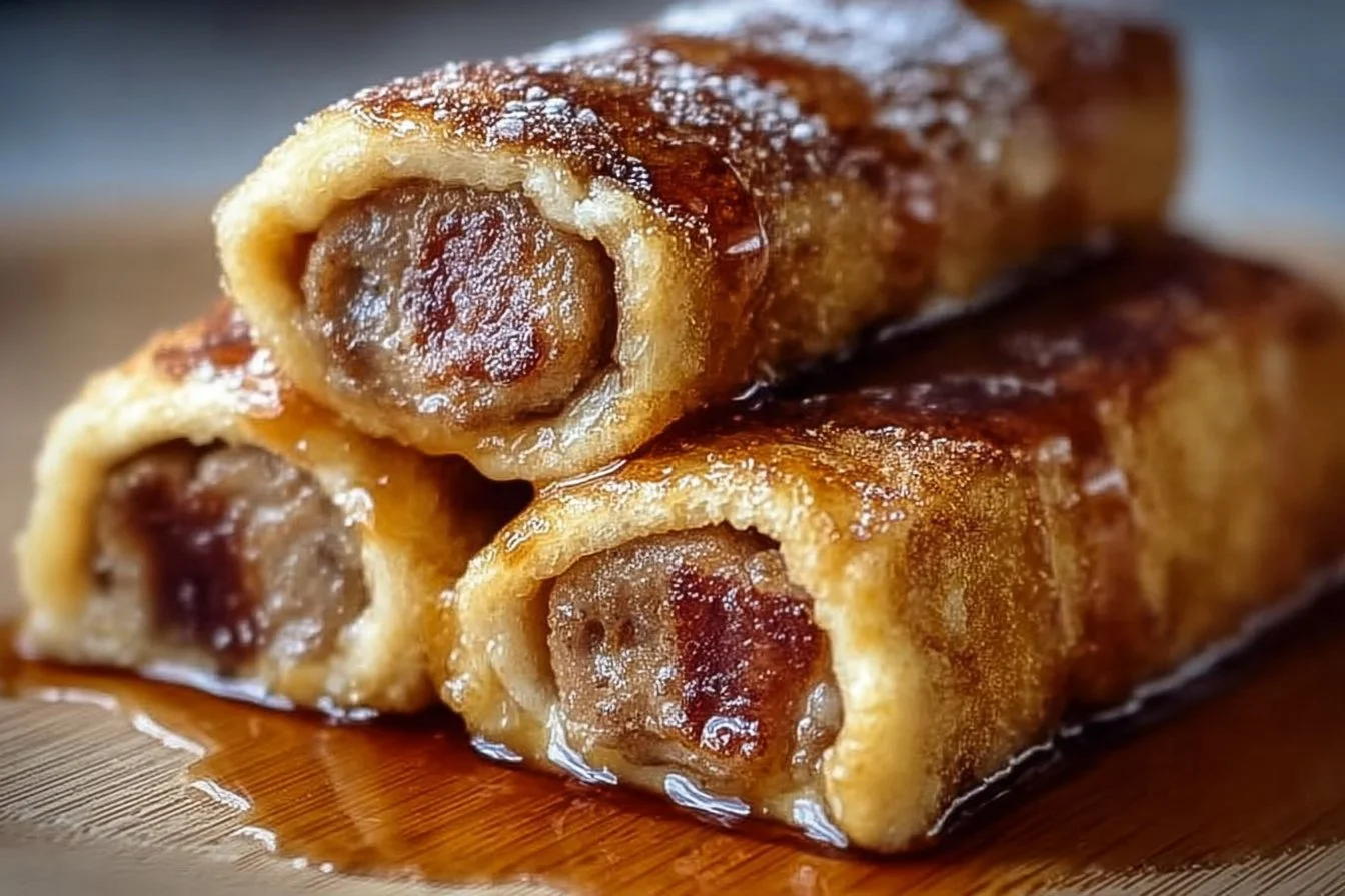 Sausage French Toast Roll-Ups on a plate, garnished with syrup and berries.