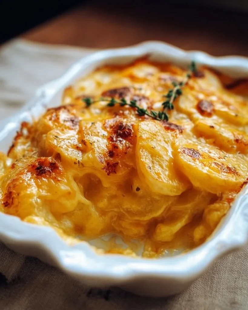 Deliciously baked scalloped potatoes with cheese and creamy sauce