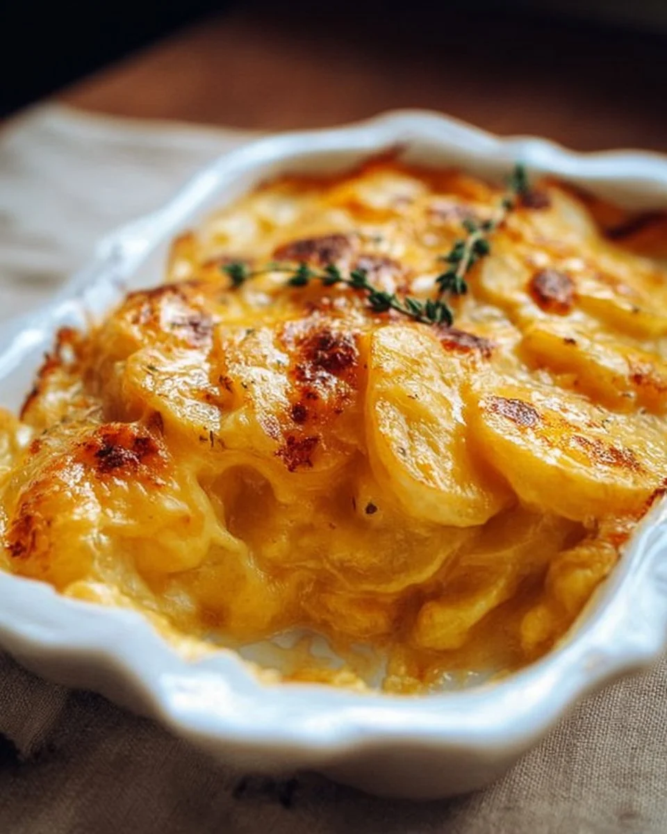 Deliciously baked scalloped potatoes with cheese and creamy sauce