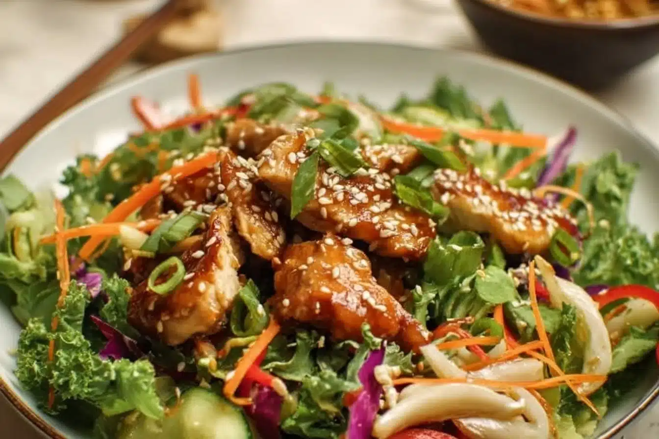 Delicious sesame chicken salad with fresh greens and sesame dressing