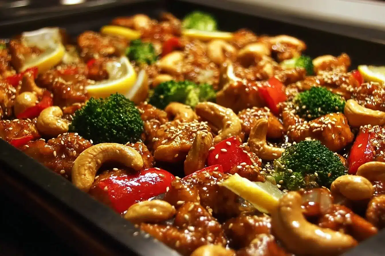 Delicious sheet pan cashew chicken served with vegetables and rice