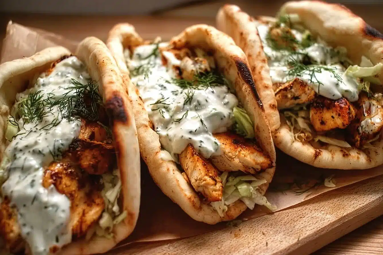 Sheet pan chicken pitas with fresh vegetables and flavorful sauce