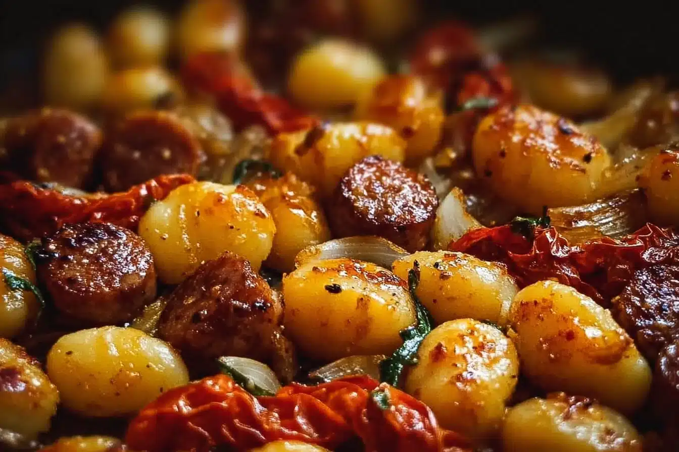 Delicious sheet pan gnocchi with sausage, roasted vegetables, and herbs