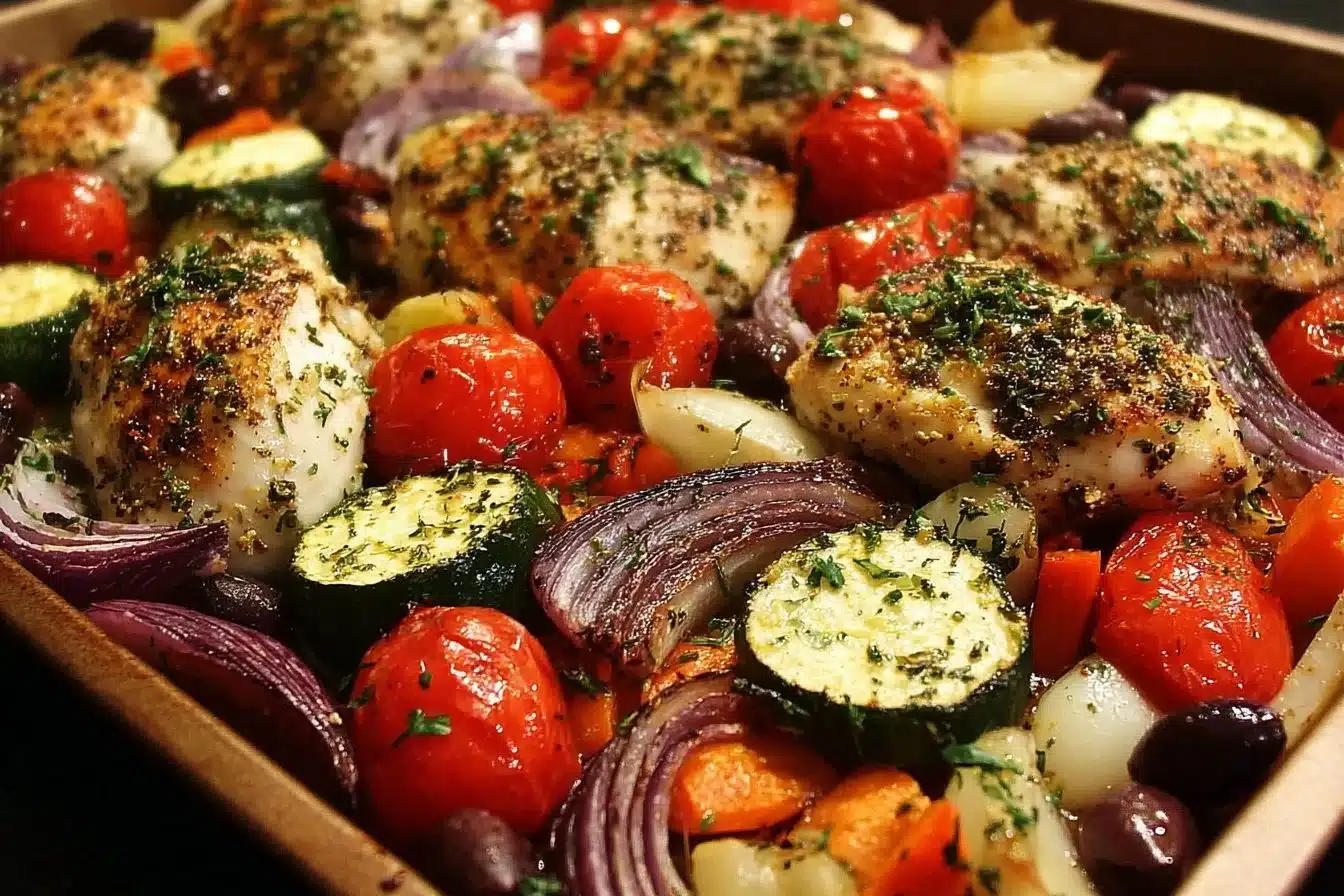 Sheet Pan Greek Chicken served with colorful roasted veggies