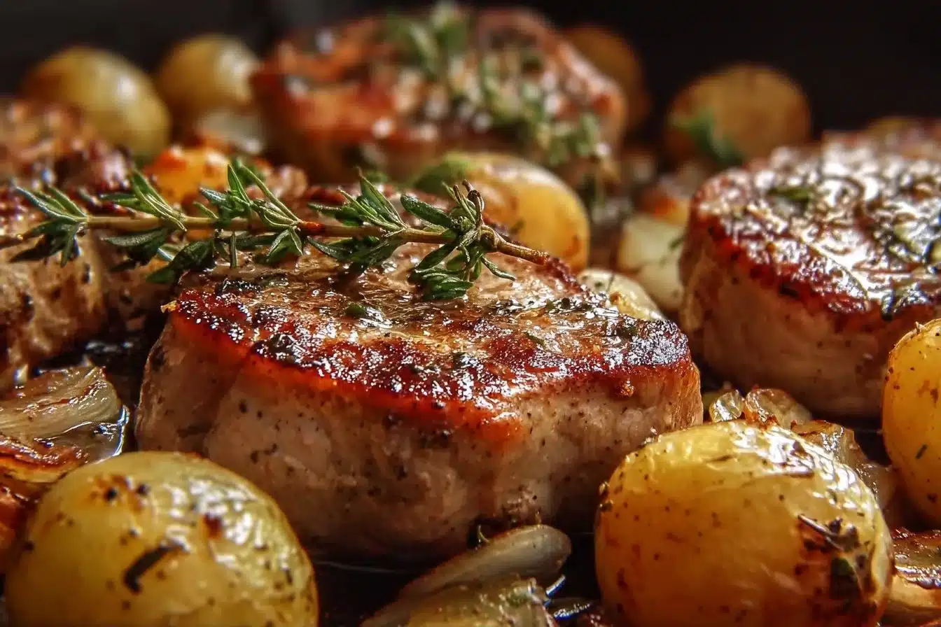 Sheet pan pork chops and potatoes recipe for a quick family dinner
