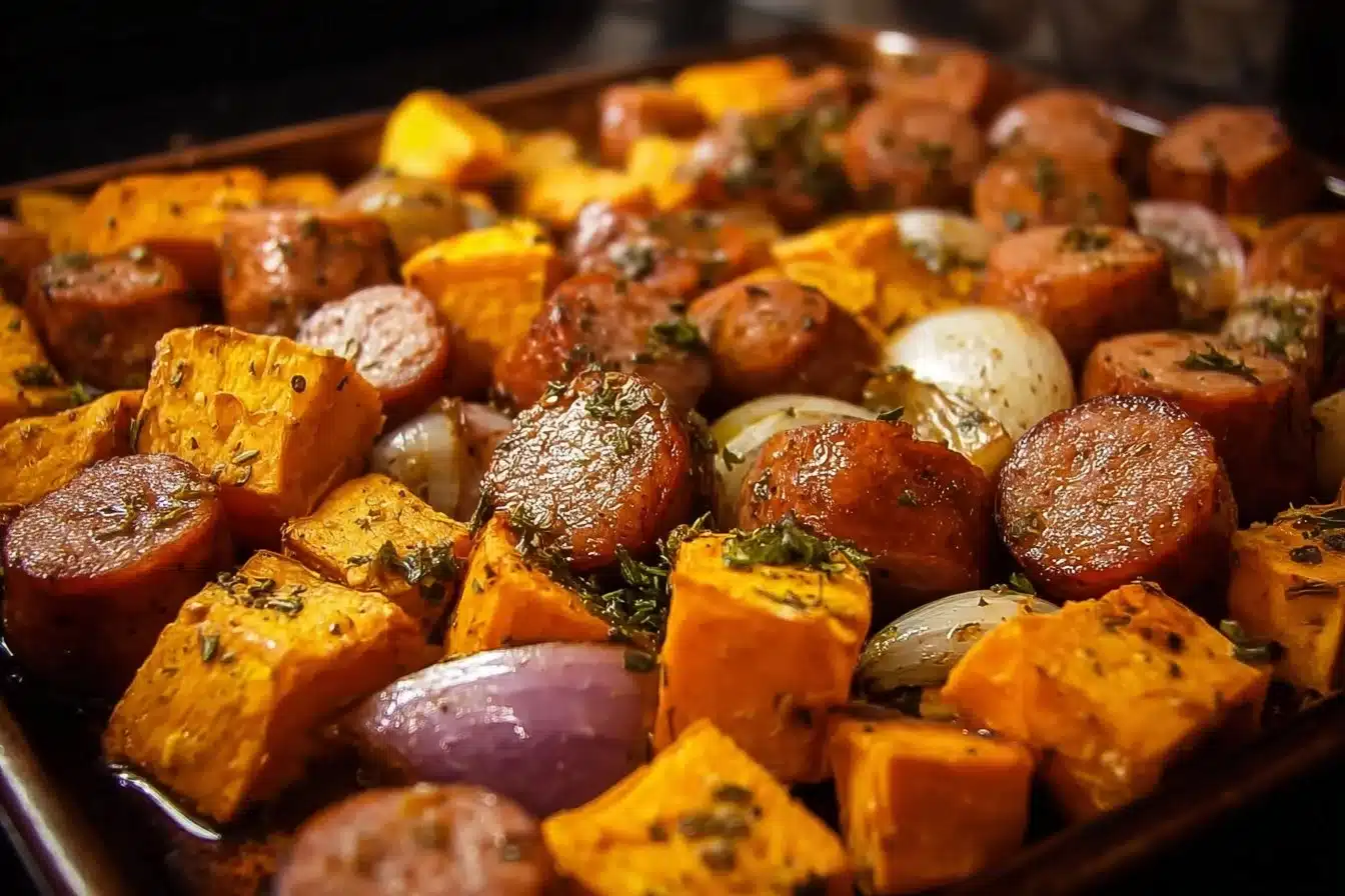 Sheet pan meal with sausage and sweet potatoes drizzled in honey garlic sauce