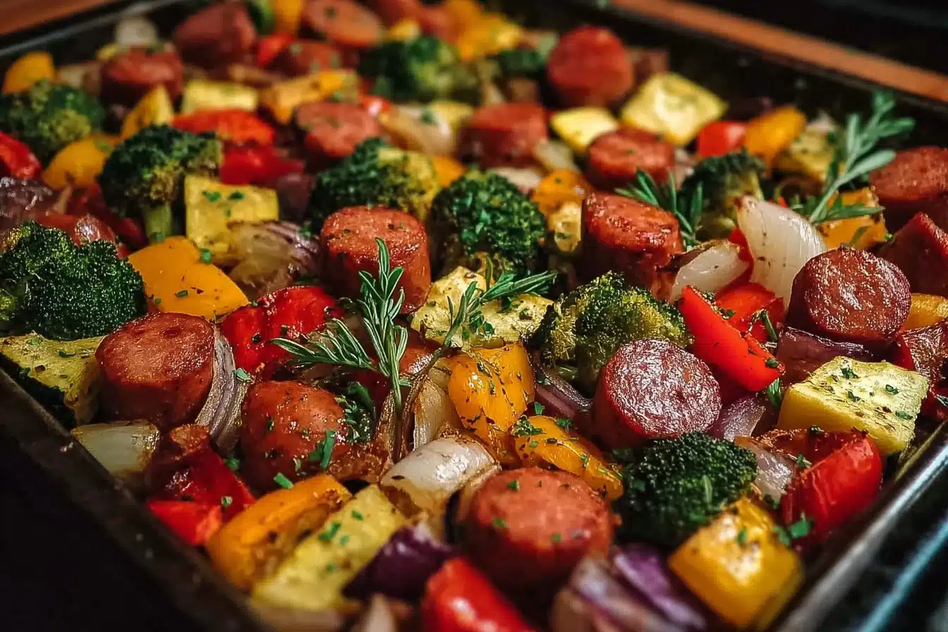 Sheet Pan Sausage and Veggies with colorful vegetables and savory sausage