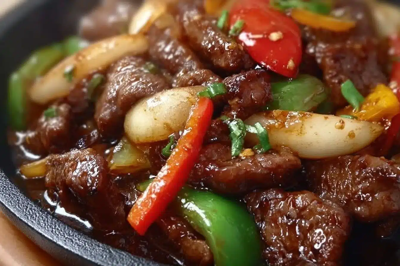 Sizzling dish of Chinese pepper steak with onions served on a plate