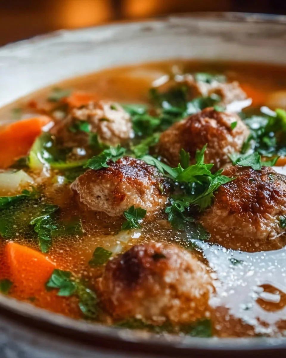 Delicious slow cooker meatball soup served in a bowl with herbs