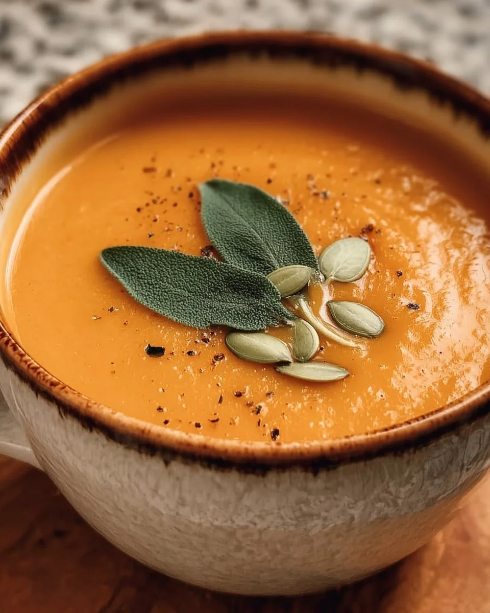 Delicious slow cooker pumpkin soup in a bowl garnished with herbs