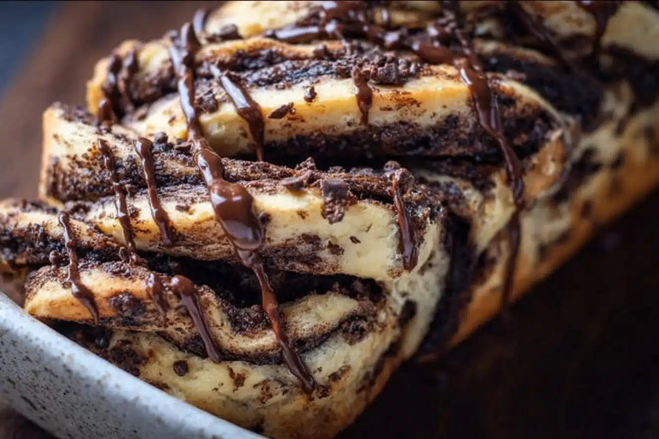 Deliciously braided Sourdough Babka with chocolate filling on a rustic table