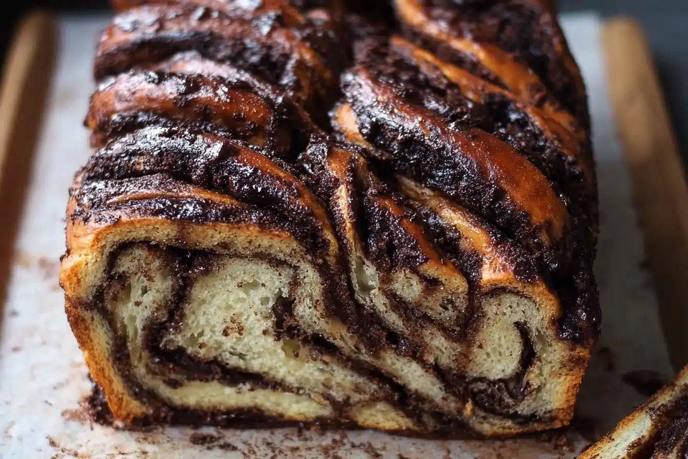 Freshly baked sourdough chocolate babka with melty chocolate swirls.