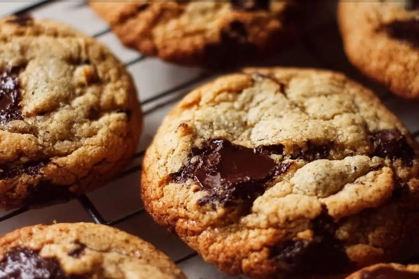 Freshly baked Sourdough Chocolate Chip Cookies on a cooling rack.