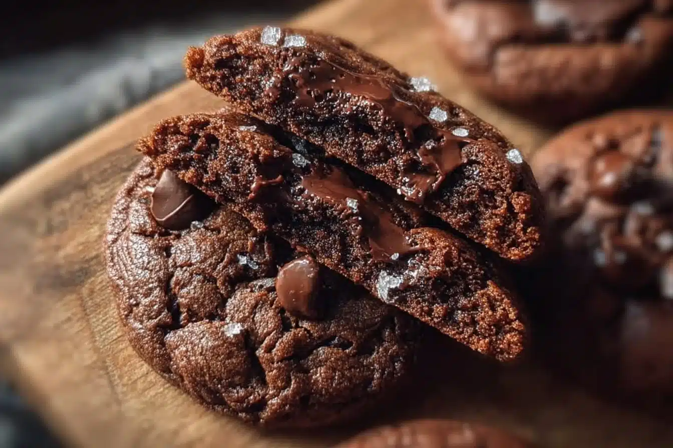 Sourdough Double Chocolate Chip Cookies on a baking sheet with chocolate chunks