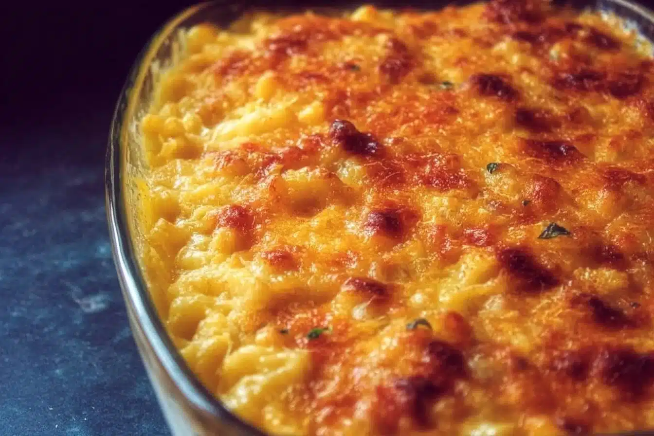 A delicious serving of Southern baked macaroni and cheese topped with golden breadcrumbs.
