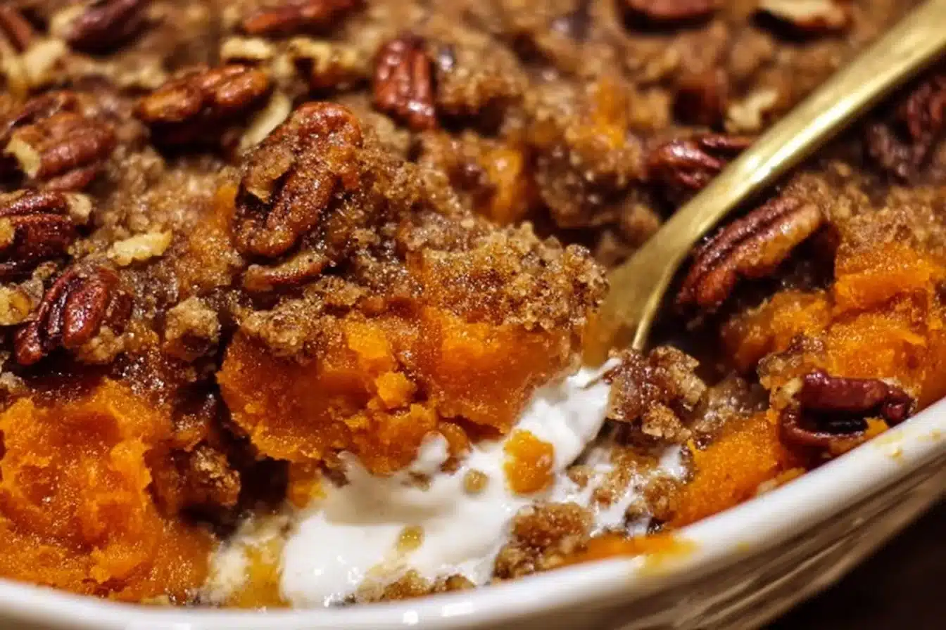Southern Maple Sweet Potato Casserole topped with marshmallows and pecans