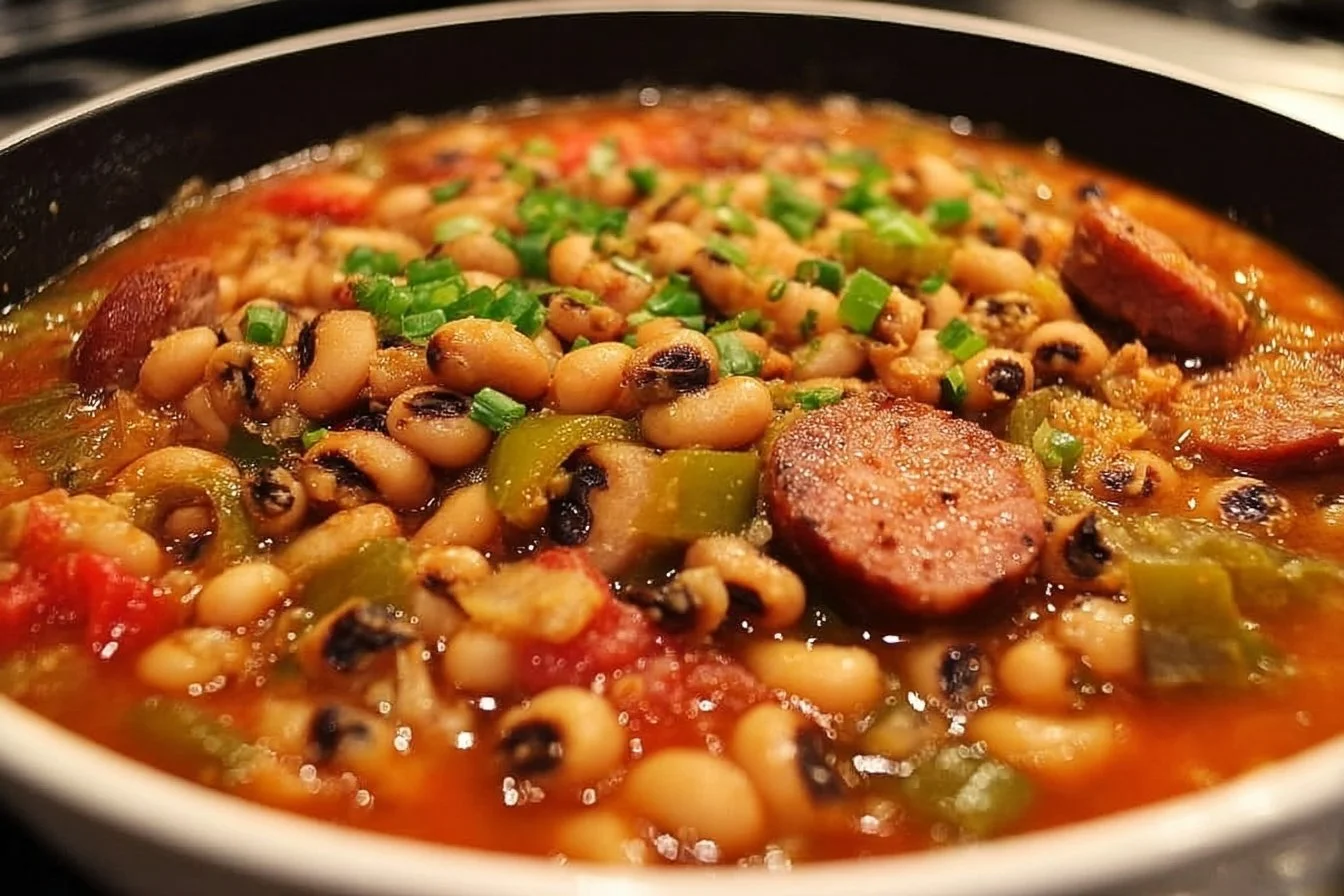 Delicious bowl of Spicy Creole Black-Eyed Peas with Sausage cooked to perfection.