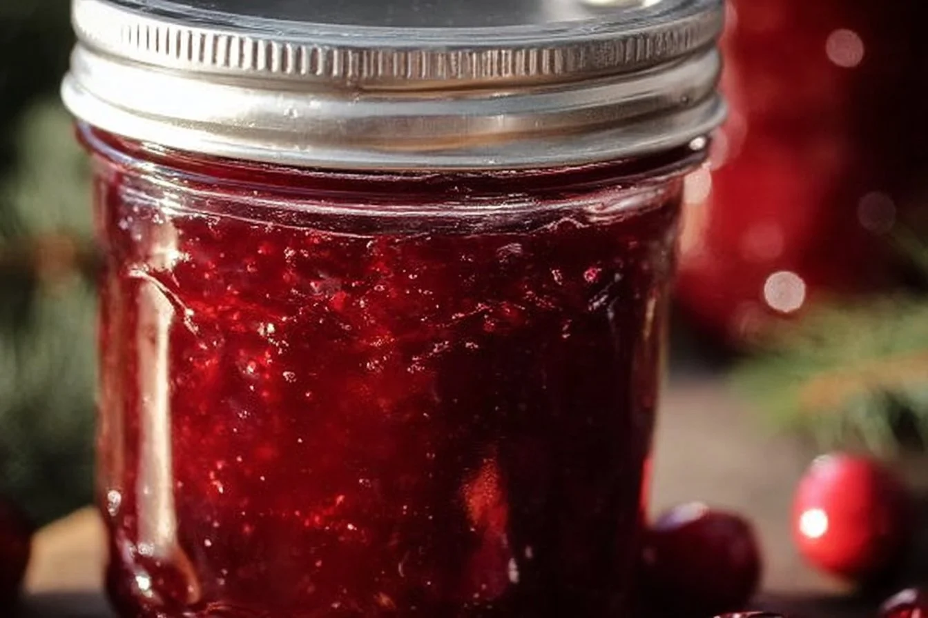 Sweet Christmas Cranberry Jam in a jar, perfect for holiday treats.