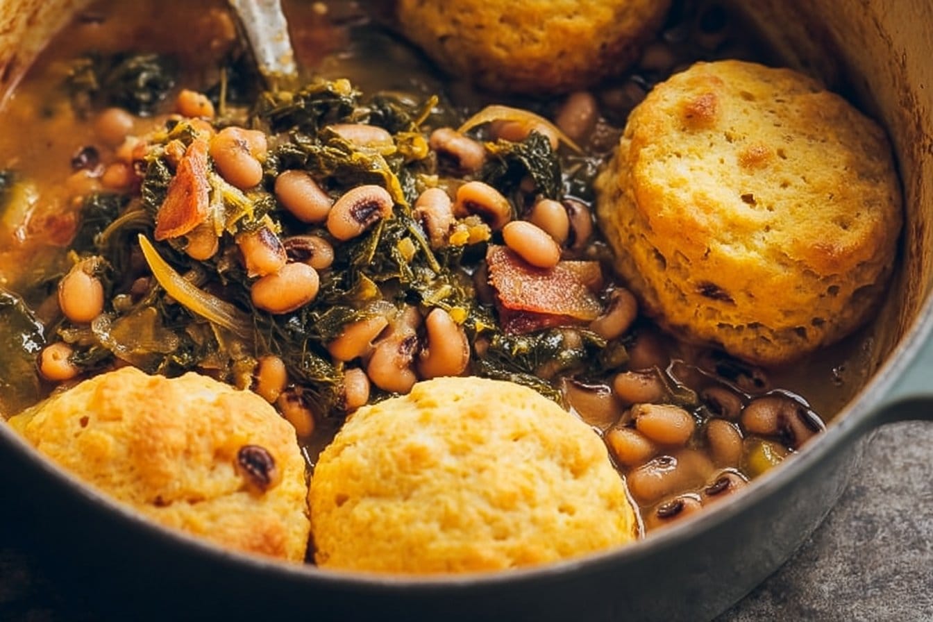 Stewed Black-Eyed Peas with Collard Greens & Cornbread Biscuits