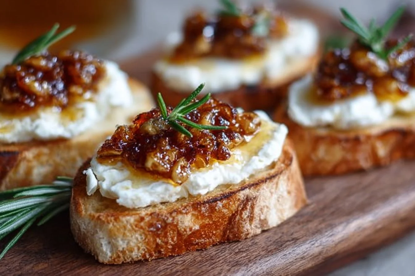 Whipped feta crostini drizzled with hot honey on a rustic platter