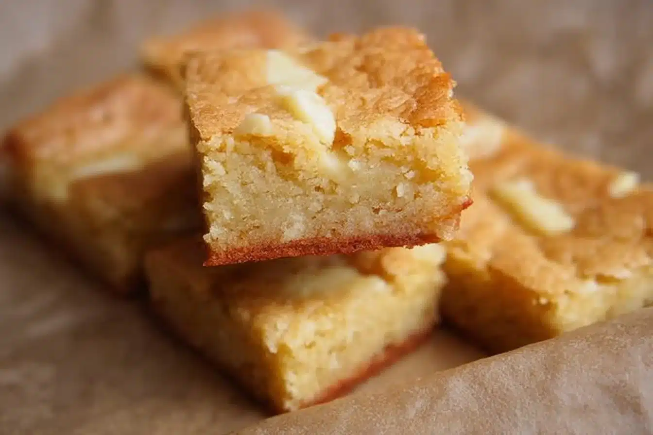 Delicious homemade white chocolate brownies on a plate