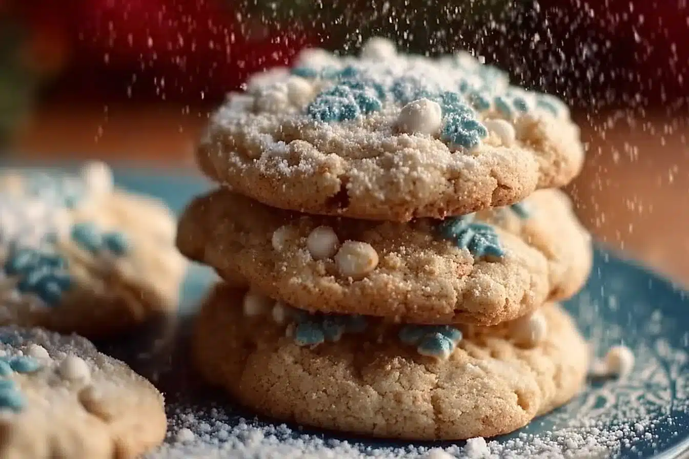 Plate of winter blizzard cookies with festive decorations