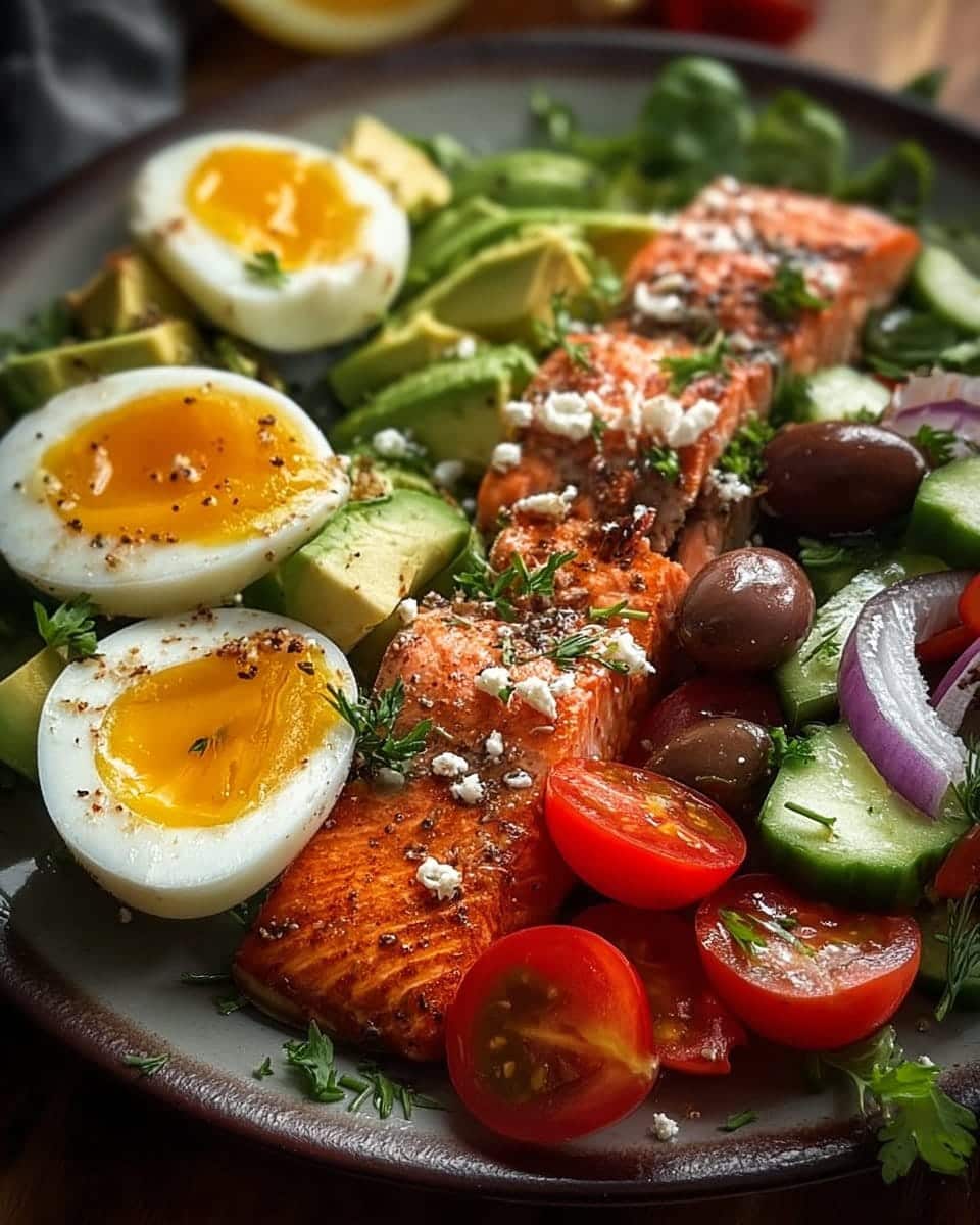 Mediterranean Salmon Power Plate with Eggs, Avocado & Fresh Veggies