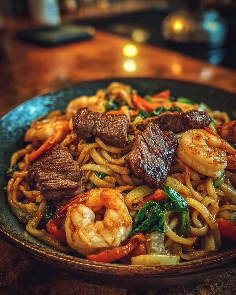 Surf & Turf Noodle Stir-Fry with Steak and Shrimp