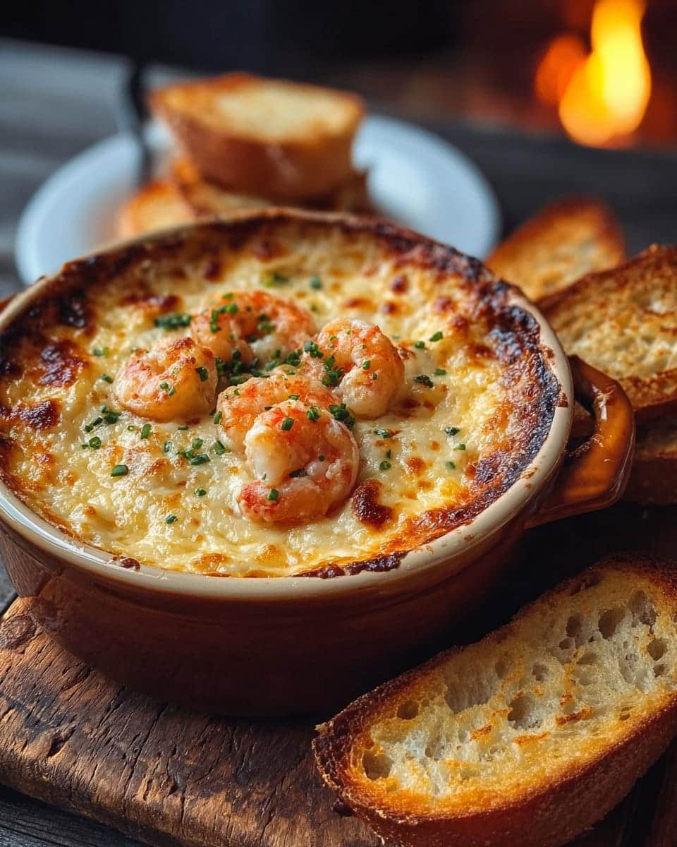 Hot Cheesy Shrimp Dip with Garlic Toast