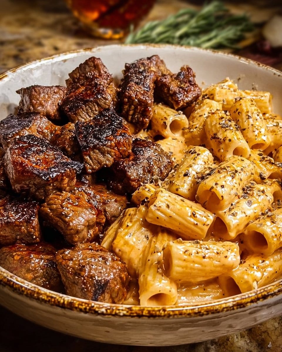Cajun Steak Tips with Creamy Rigatoni Parmesan