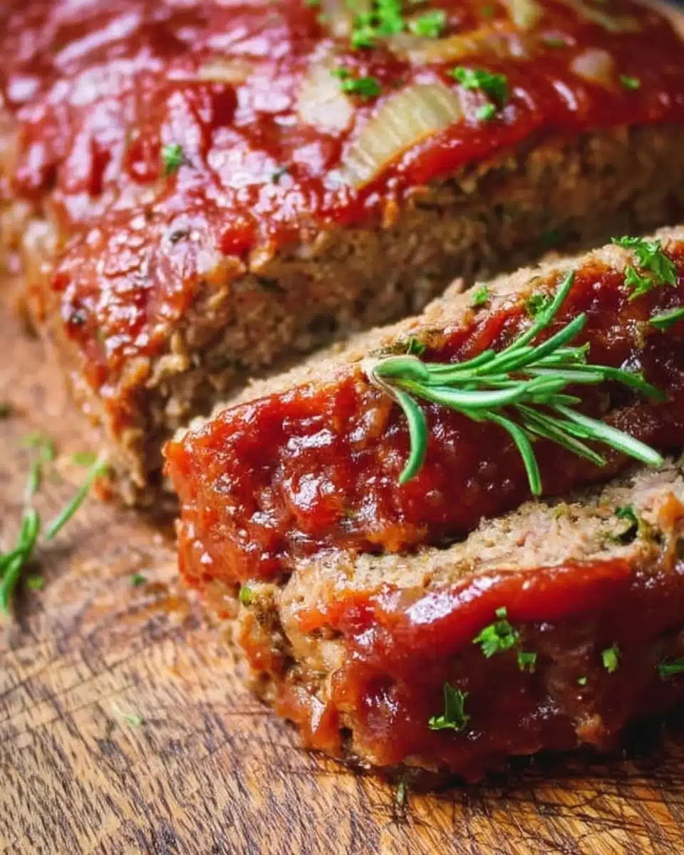 Delicious slice of amazing meatloaf garnished with herbs