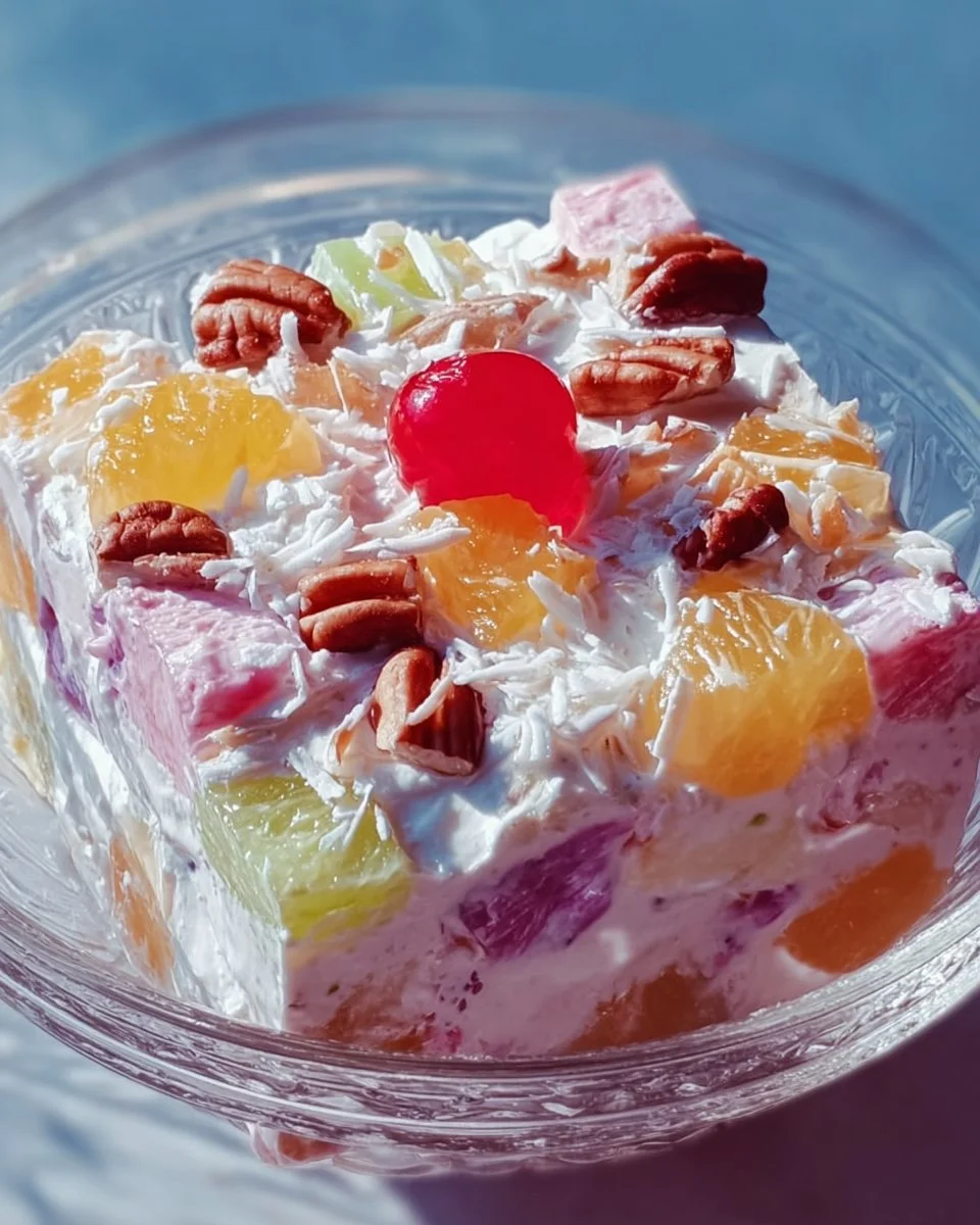 Delicious Ambrosia Salad with fruits and mini marshmallows, served in a bowl.