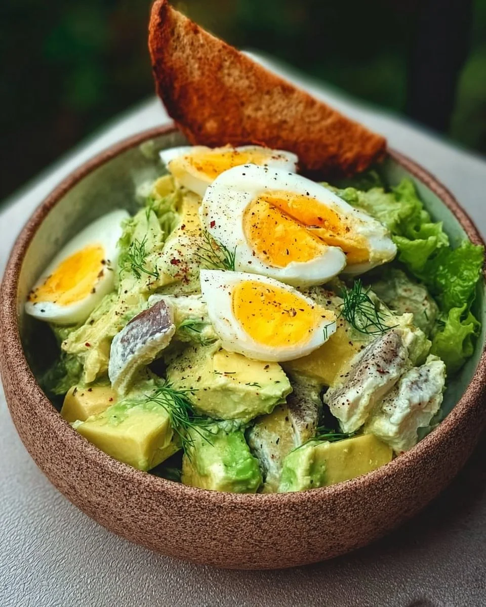 Avocado egg salad bowl topped with fresh herbs and served in a dish