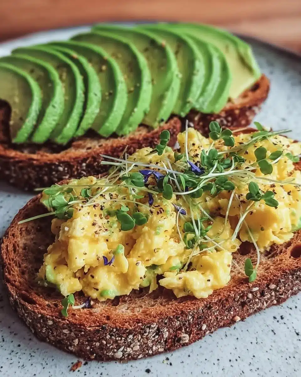 Avocado and scrambled egg toast topped with herbs on a wooden plate