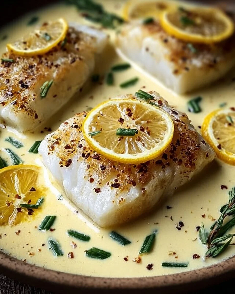 Baked cod fillet served with coconut lemon cream sauce on a plate