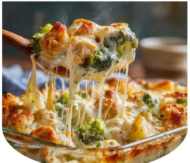 Baked Potato Chicken and Broccoli Casserole dish topped with cheese and herbs