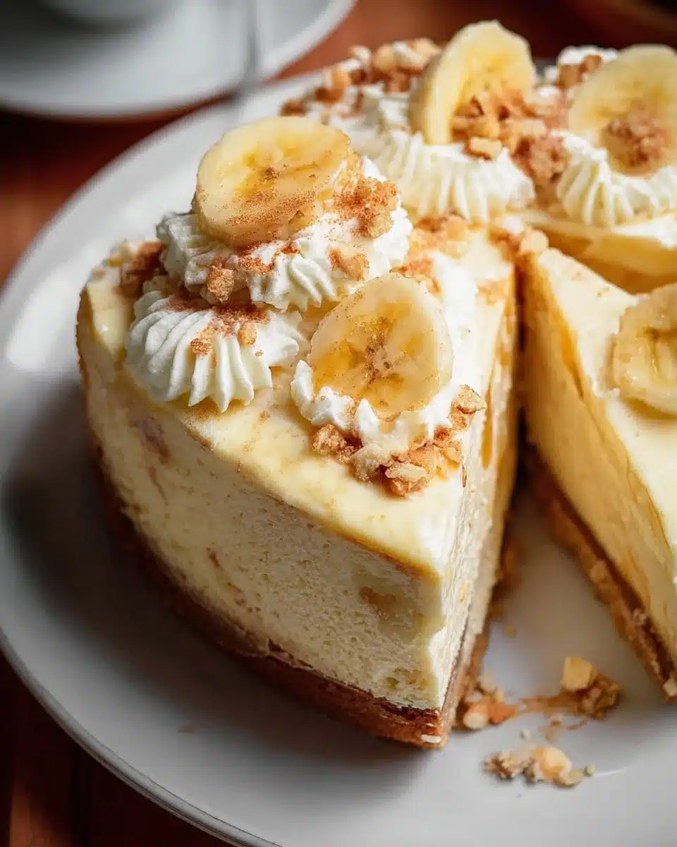 Delicious banana pudding cheesecake topped with whipped cream and banana slices.
