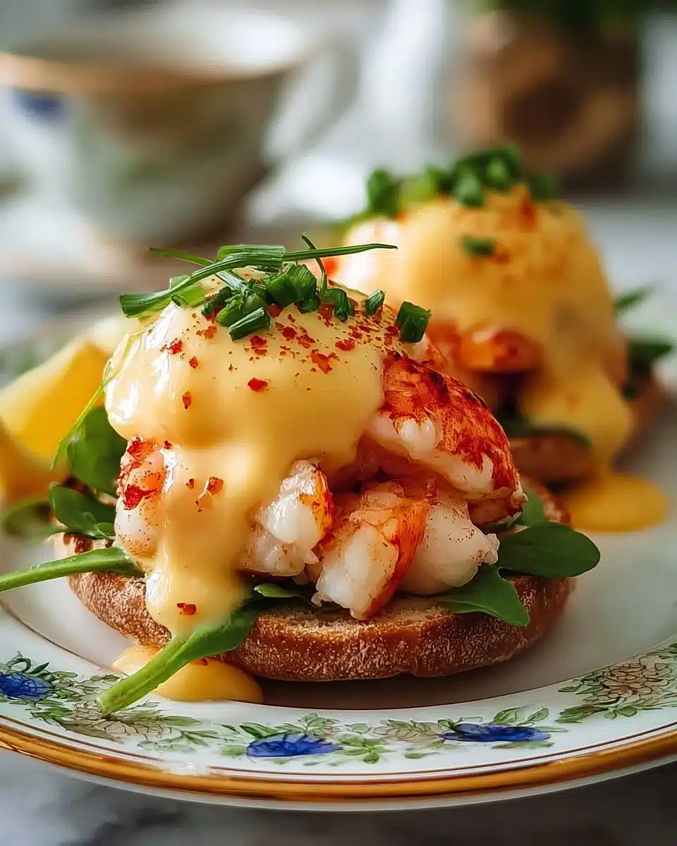 Bay Lobster Eggs Benedict with Cajun Hollandaise served on a plate