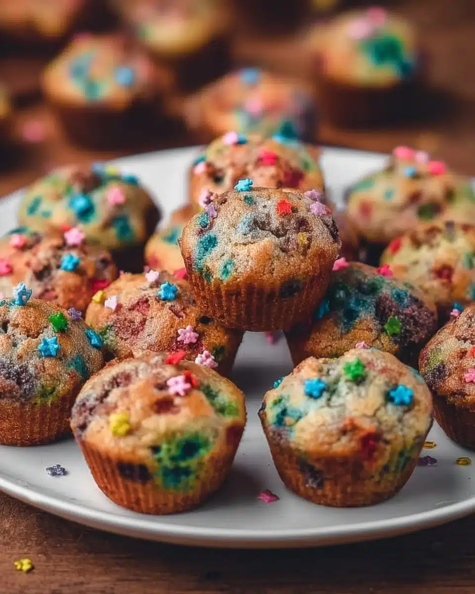 Colorful birthday cake mini muffins topped with sprinkles on a festive plate